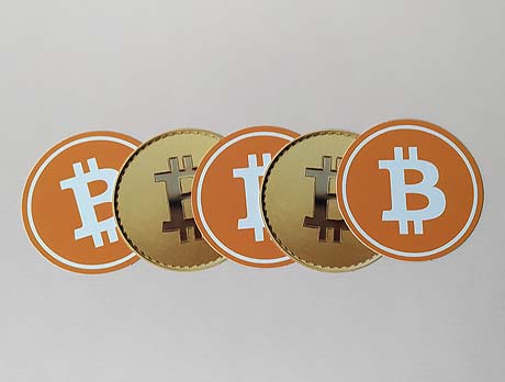 5x neue Bitcoin aus Papier ⌀ 60 mm, 4/4-farbig auf 400 g/qm Karton gedruckt; lieferbar